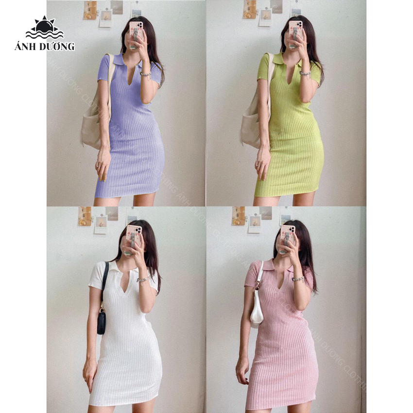 Váy ôm body thun gân cổ sơ mi