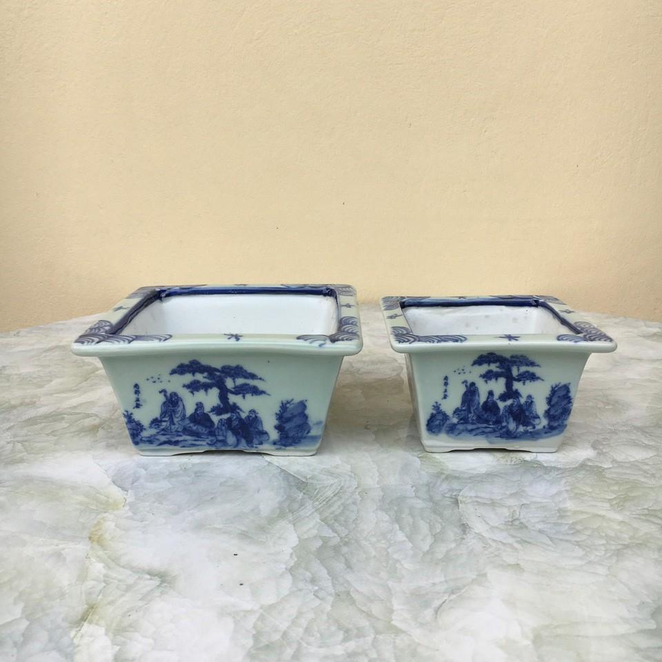 Chậu bonsai Vuông mini men vẽ giả tàu gốm Bát tràng 2 size BM-91