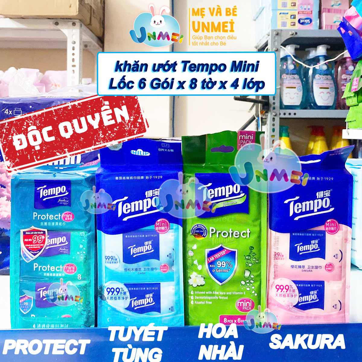 Lốc 6 Gói Khăn ướt Mini Tempo Hương Tuyết Tùng/Hoa Nhài/Sakura Ngăn Ngừa Vi Khuẩn cao cấp - Diệt khuẩn 99% (8 tờ/gói)