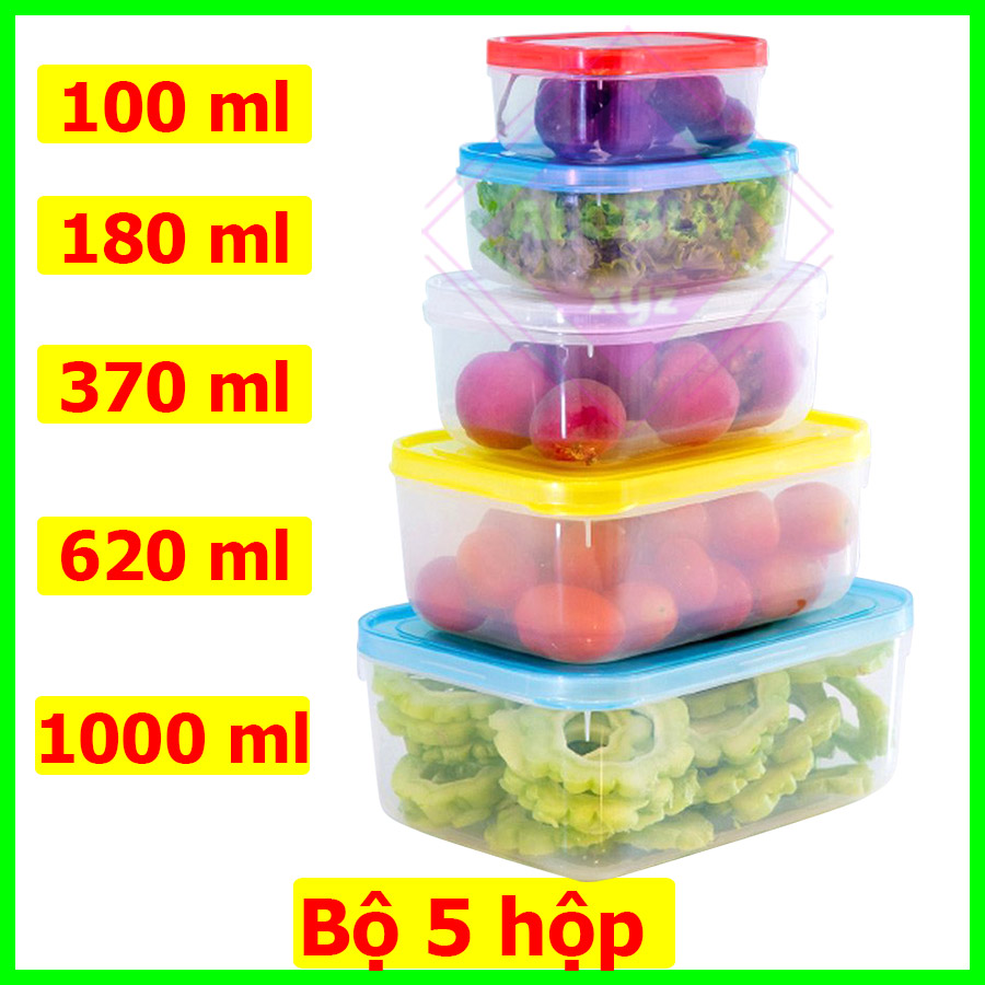 Bộ 5 hộp nhựa đựng thực phẩm có nắp đậy, trữ đông an toàn, màu ngẫu nhiên- Bộ 5 hộp bầu dung tích từ 100ml đến 1000ml,