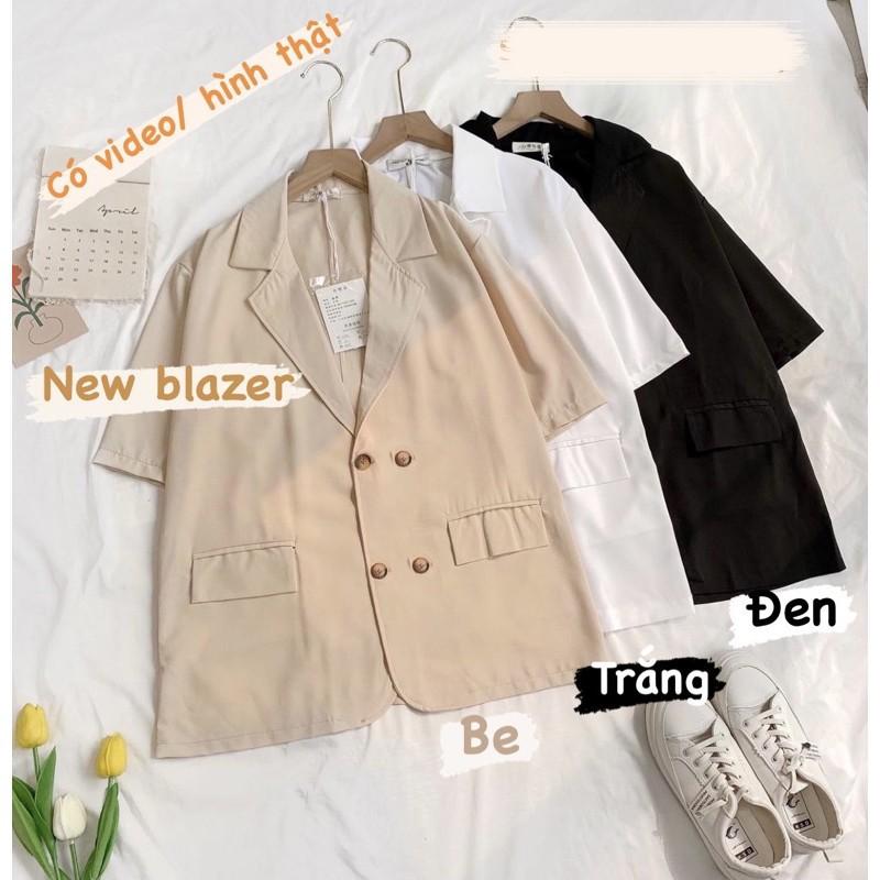 Áo Blazer - Vest Cộc Tay Dáng Rộng Chất Mát - khoác ngoài 1 lớp trơ -trơn/kẻ tông màu lạ đen, trắng nâu