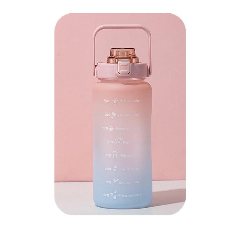 Bình nước 2 Lít có vạch chia báo giờ uống nước - Bình đựng nước màu Gradient kèm ống hút và sticker dễ thương