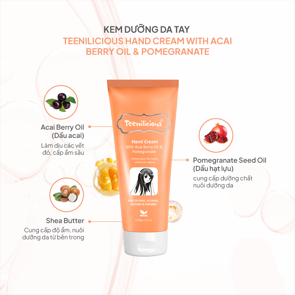 Kem Dưỡng Da Tay Teenilicious Hand Cream With Acai Berry Oil & Pomegranate Dưỡng Ẩm Sáng Mịn - 60g