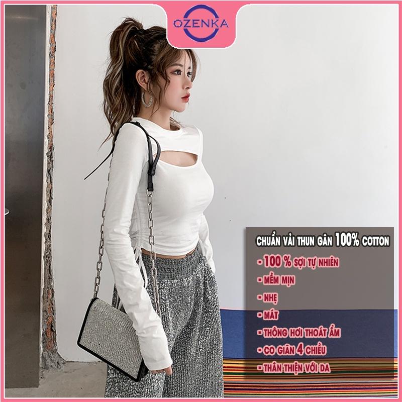 Áo croptop tay dài khoét ngực rút eo , crt ôm body sexy gợi cảm thun gân 100% cotton đen trắng mặc đi chơi