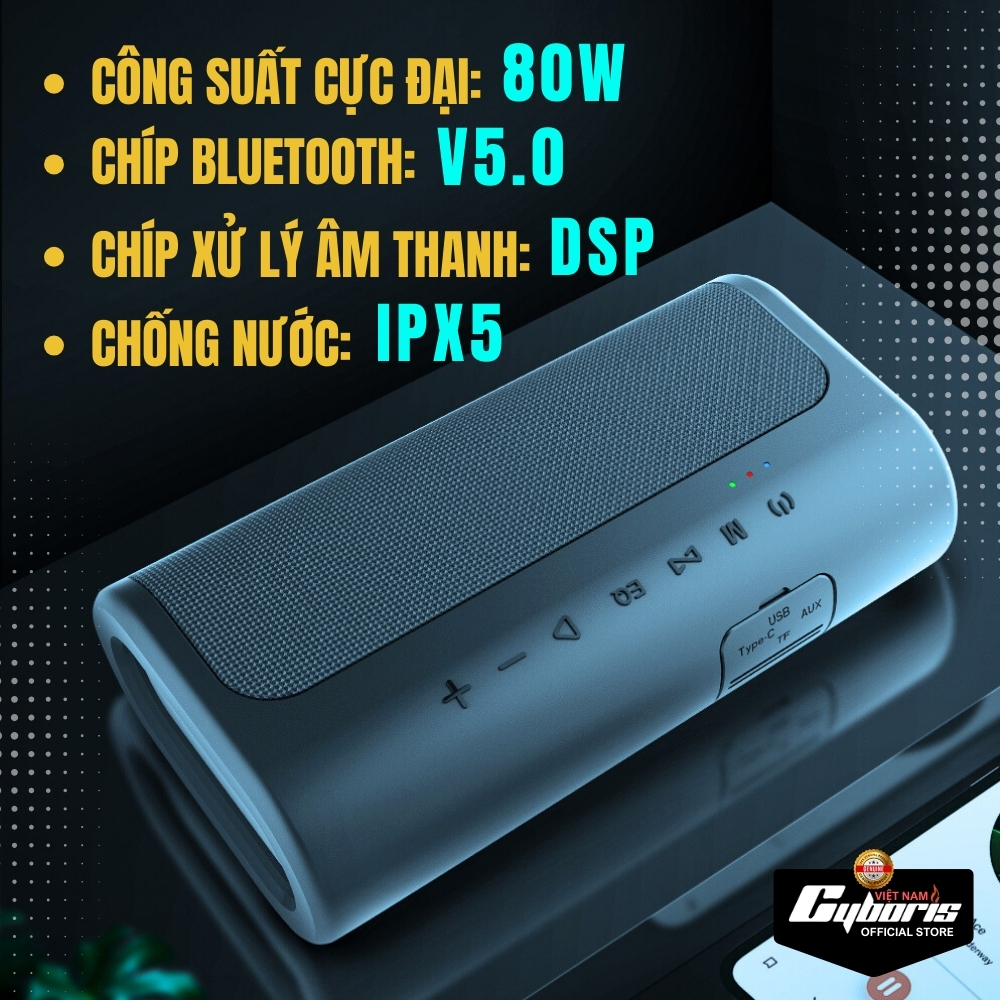 Loa Bluetooth Cyboris T9, Công suất 80W, Chống nước IPX5, Pin 10400mAh. Loa siêu Bass. Hàng Chính Hãng. Bảo hành 18 tháng