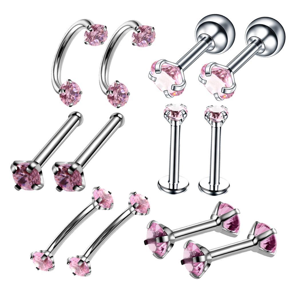2-7pack 12pcs Stainless Steel Colored Zircon Lip Nose Nail Piercing Jewelry Pink