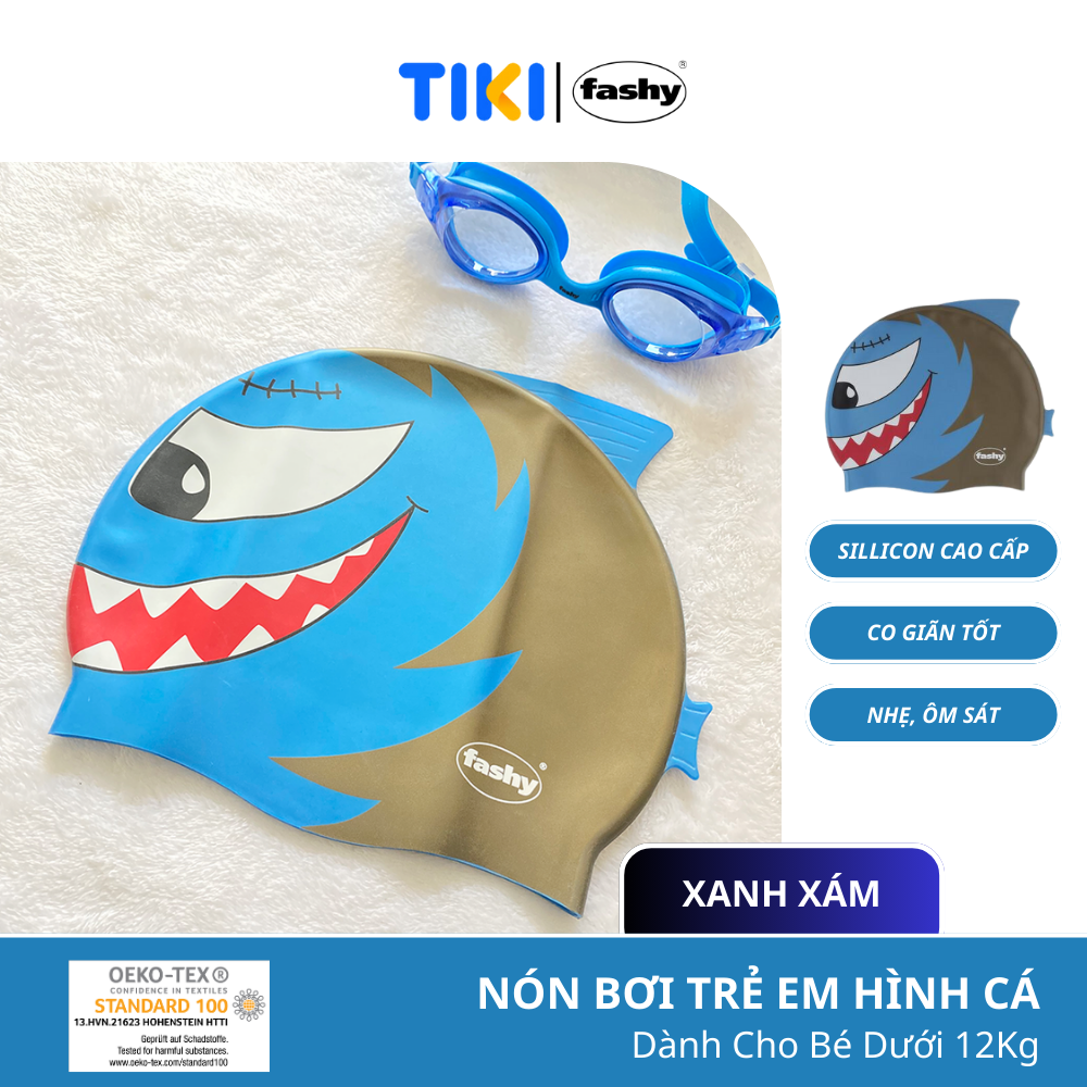 Nón Bơi Trẻ Em Cao Cấp 100 Nhập Khẩu Từ Đức Thương Hiệu Fashy Tiêu Chuẩn Chất Lượng Châu Âu, Chất Liệu Silicone Mềm Mại, Thiết Kế Thời Trang Freesize Dành Cho Bé Trai, Bé Gái Hình Cá - Xanh Xám