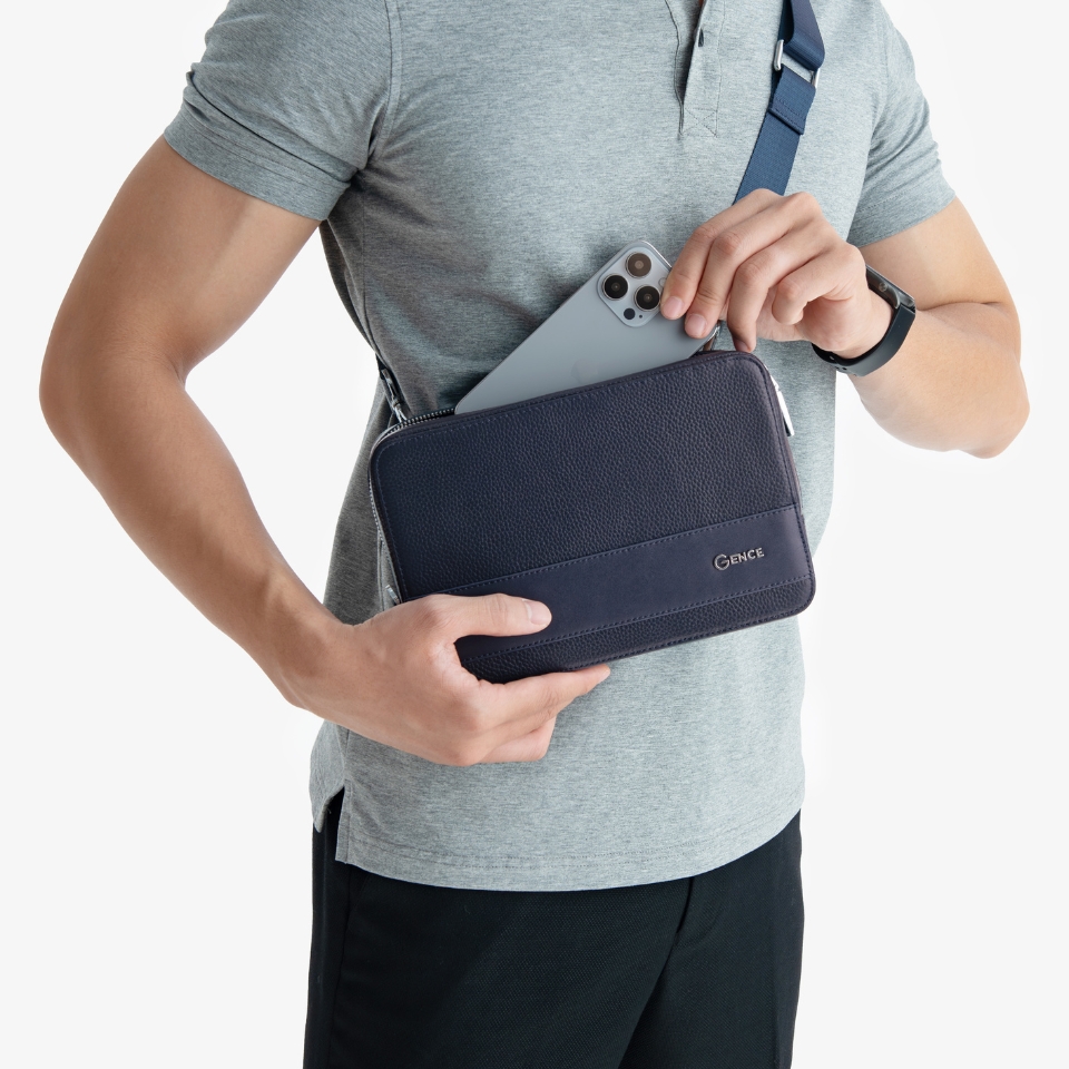 Túi Đeo Chéo Ví Da Nam Cầm Tay GENCE TC01 Chất Liệu Da Bò Cao Cấp Màu Xanh Navy