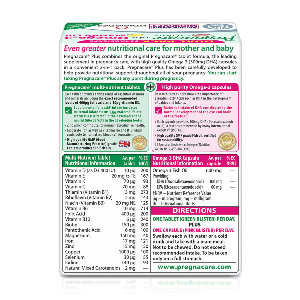 Viên bổ sung vitamin và khoáng chất Vitabiotics Pregnacare Plus Omega 3 tăng cường sức khỏe cho phụ nữ mang thai và cho con bú (Hộp 56 viên)