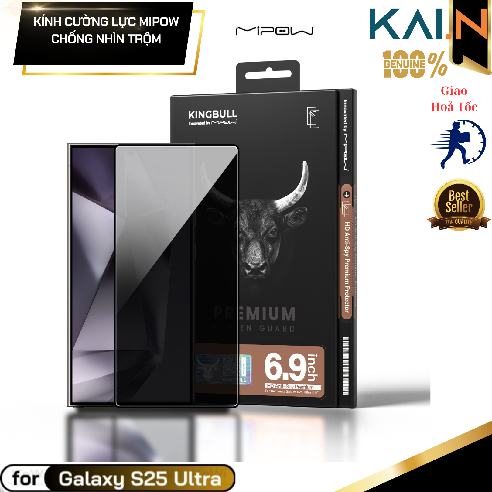 Cường Lực Chống Nhìn Trộm Dành Cho Samsung Galaxy S25 Ultra Mipow Kingbull Anti-Spy_ Hàng Chính Hãng