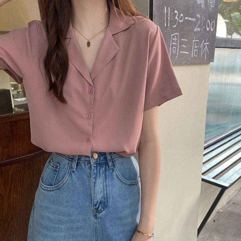 Áo sơ mi kiểu công sở tay ngắn cổ vest nữ form rộng đẹp 6 màu vintage Hàn Quốc