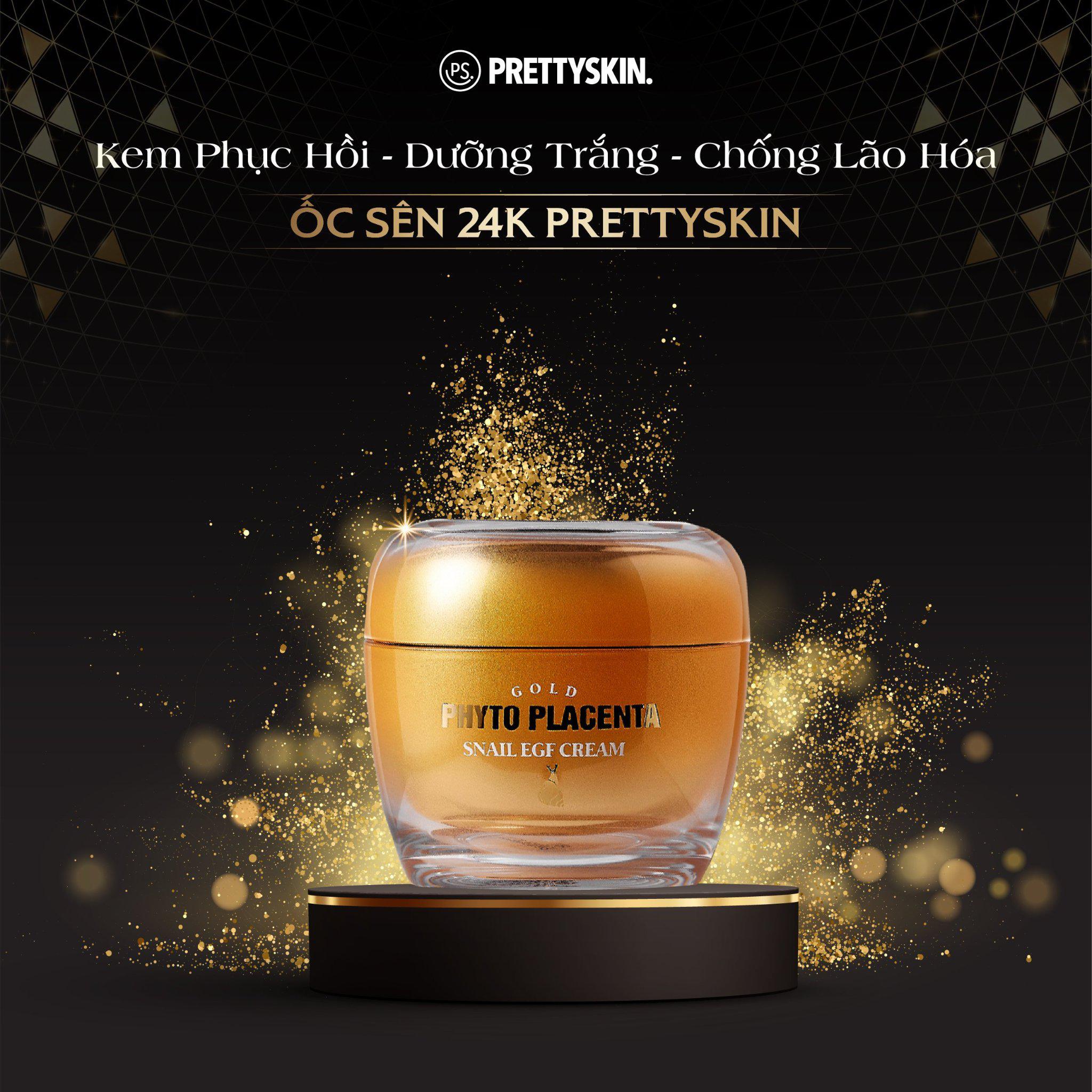 Kem ốc sên phục hồi dưỡng trắng chống lão hóa Pretty Skin Gold Phyto Placenta Snail EGF Cream 50ml tặng móc khóa