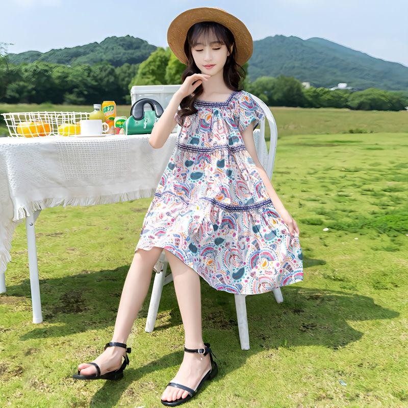DONGSHOP Váy bé gái mùa hè 2023 váy tây cho trẻ em dân tộc Phong cách lớn mùa hè đầm hoa lỏng lẻo