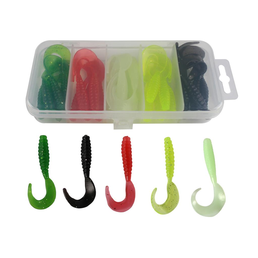 25pcs Double Tail Soft Lures Fishing Bait Maggots Grub Worm Lure, Black/White/Red/Yellow/Green