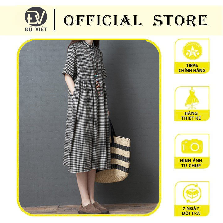 Đầm Midi Cổ Sen Tay Ngắn Dáng Suông Kẻ Caro, Váy Babydoll Nữ Đũi Việt Dv158 - Xl