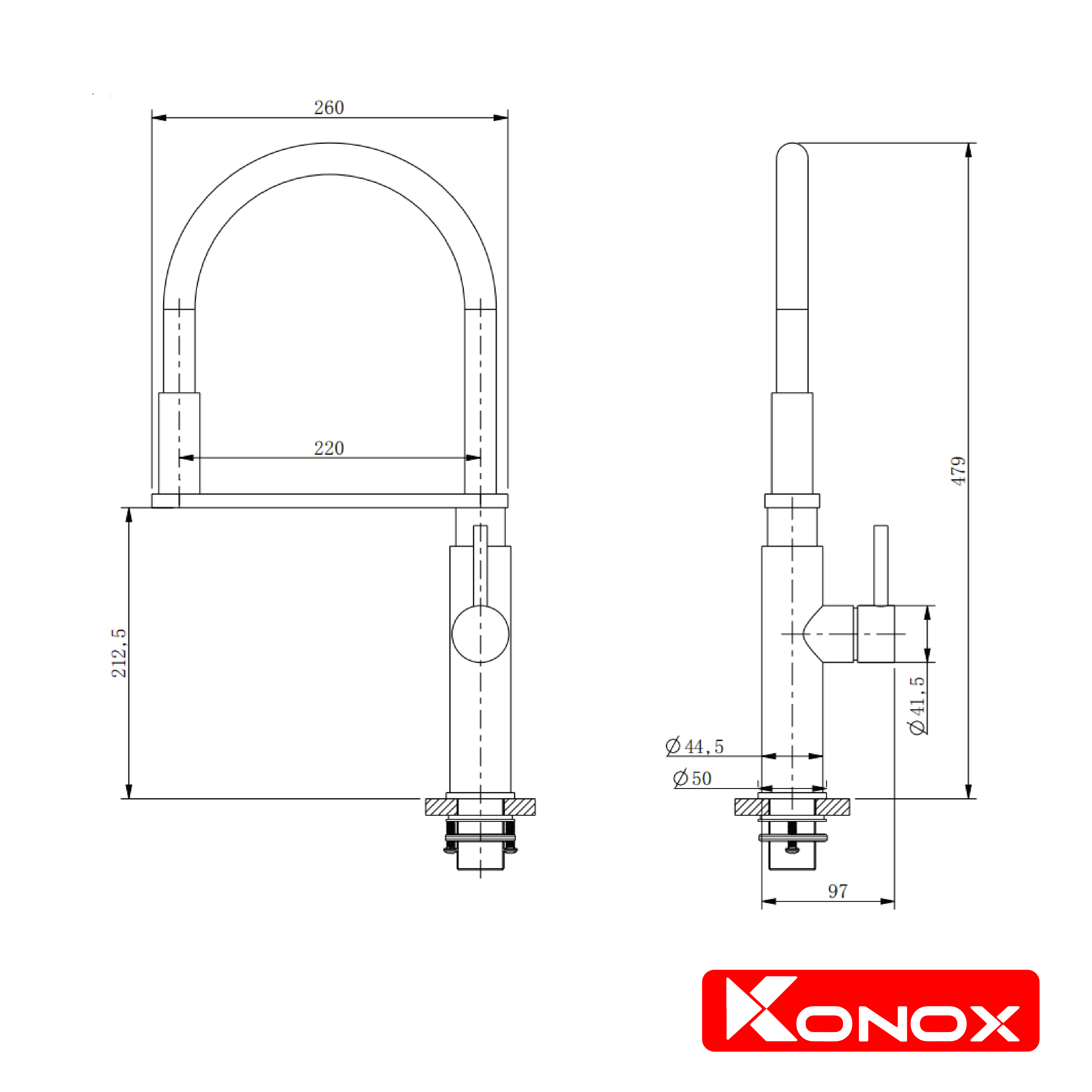 Vòi rửa bát thân mềm Konox, Model KN1618, Inox 304AISI tiêu chuẩn châu Âu, mạ PVD 5 lớp sáng bóng, Hàng chính hãng