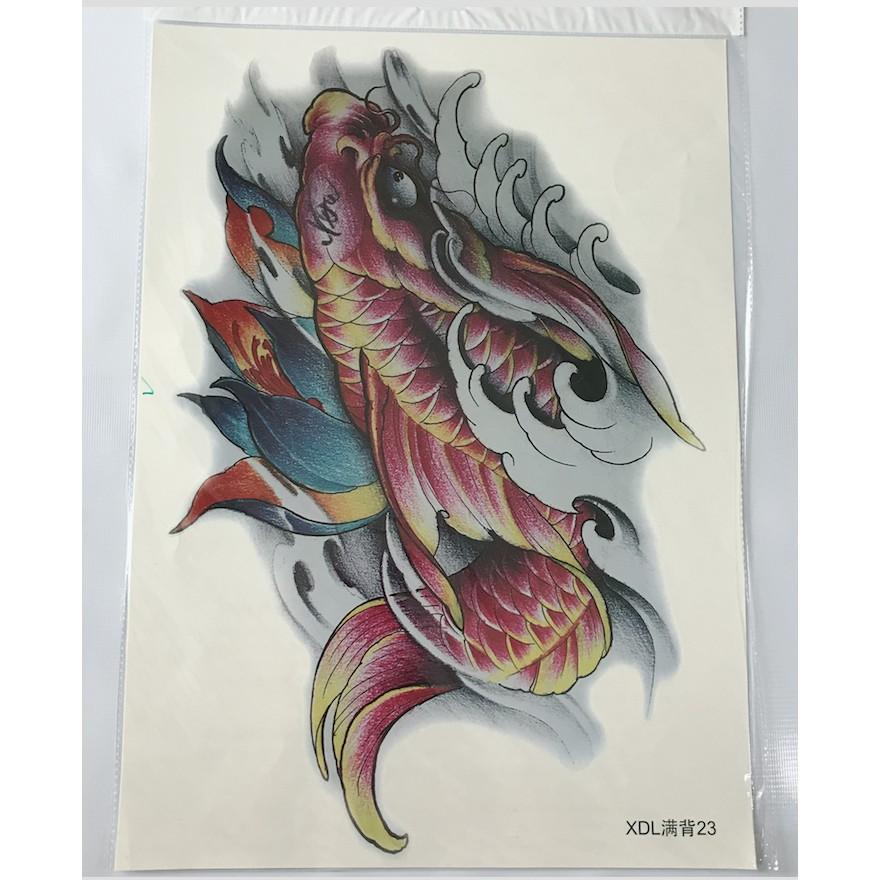 Hình xăm dán kín lưng cao cấp cá chép màu A23- tặng bắp tay xinh 15x21cm