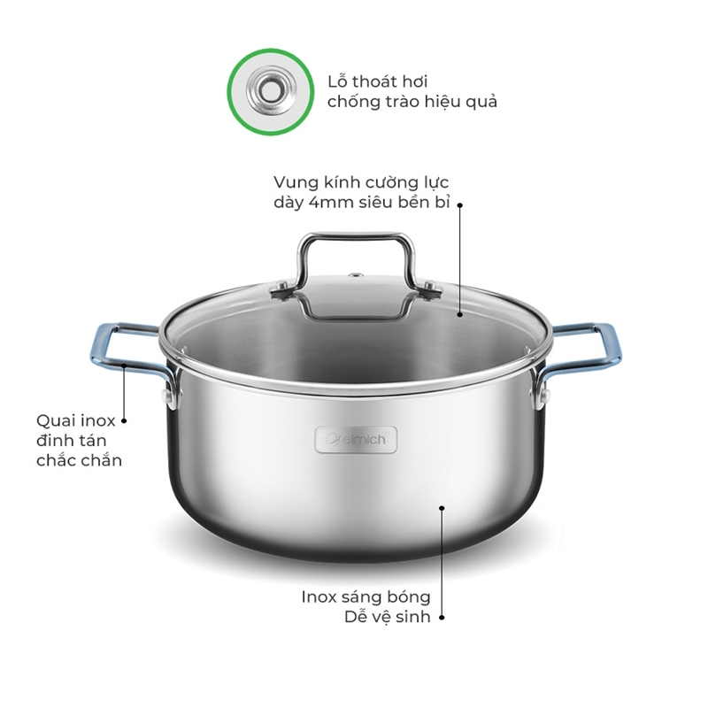 Bộ Nồi Chảo Inox Liền Khối Elmich Trimax XR EL-8075 size 16, 20, 22 chảo 26cm