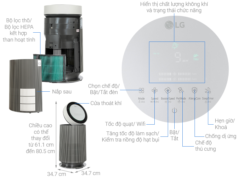 Máy lọc không khí LG PuriCare 360 Alpha PET Single AS65GDBY0.ABAE 48W - Hàng chính hãng - Bảo hành 12 tháng