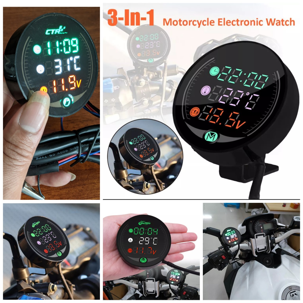 Đồng hồ 3in1 xe máy CTR báo giờ, vôn ắc quy, nhiệt độ đa năng mẫu mới hàng cao cấp