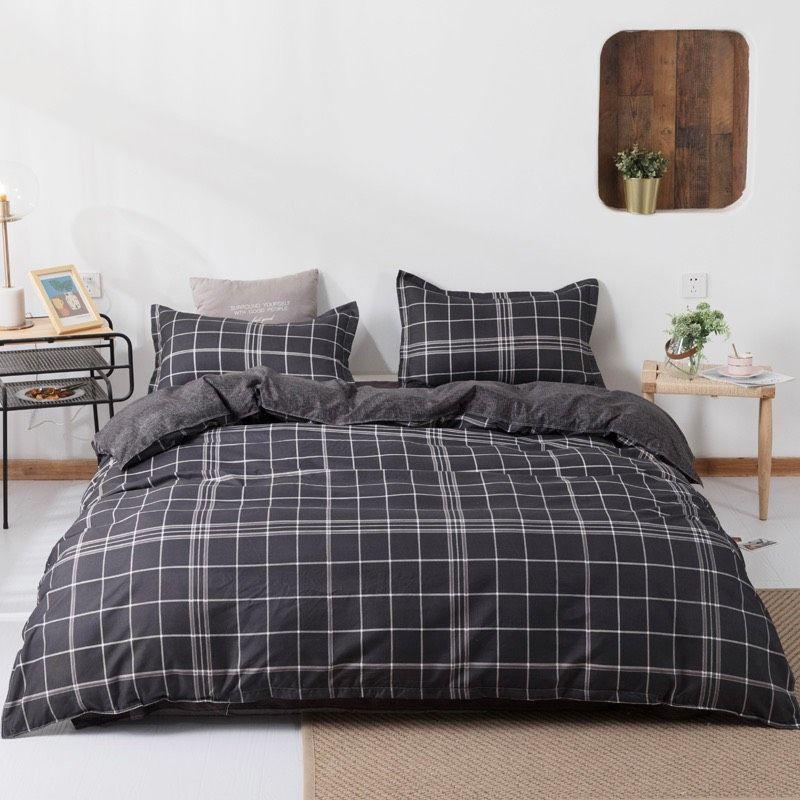Bộ chăn ga gối caro đen Cotton Poly cao cấp LEEBedding, chăn ga Hàn Quốc, miễn phí bo chun drap ga giường theo yêu cầu