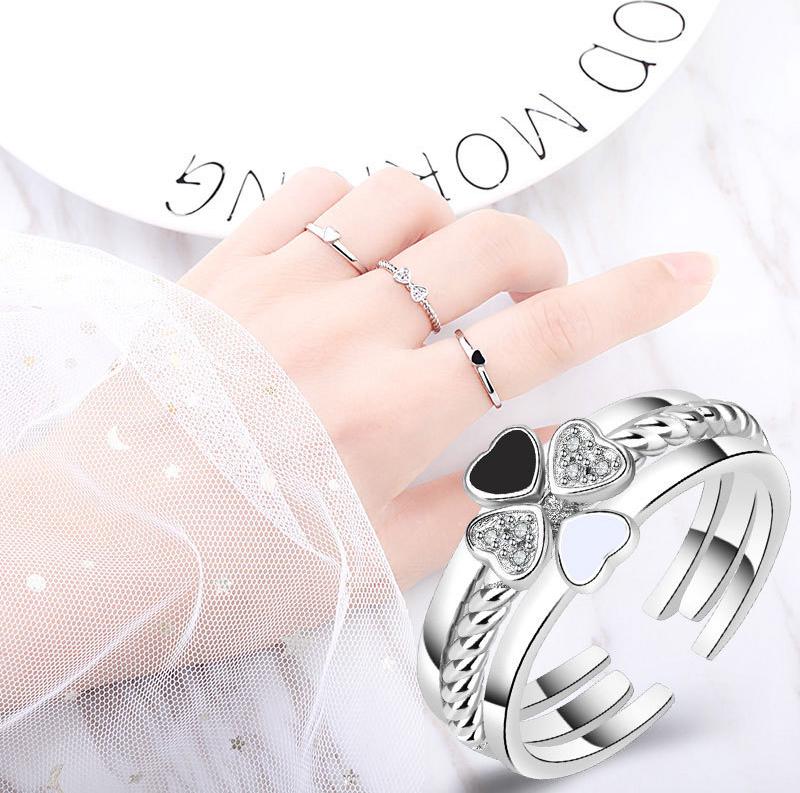 Nhẫn midi cỏ 4 lá trắng đen 3 in 1 bạc 925