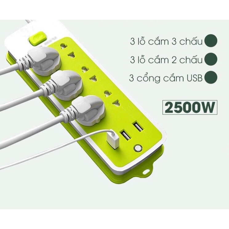 Ổ cắm điện đa năng chống giật có công tắc và đèn , gồm 9 lỗ cắm và 3 cổng USB thông minh rất tiện lợi