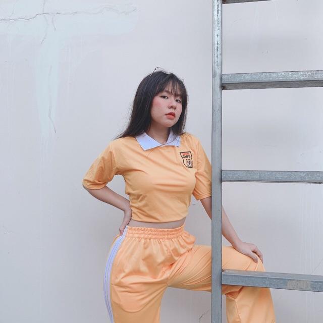 Áo kiểu croptop cổ bẻ lo go thêu nữ