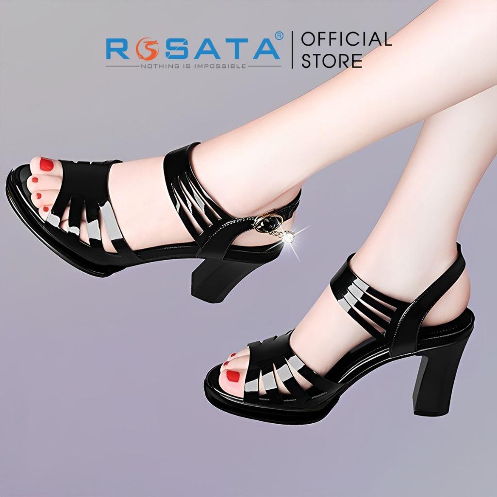 Giày sandal cao gót nữ ROSATA RO571 xỏ ngón mũi tròn quai hậu cài gót cao 8cm xuất xứ Việt Nam - Đen