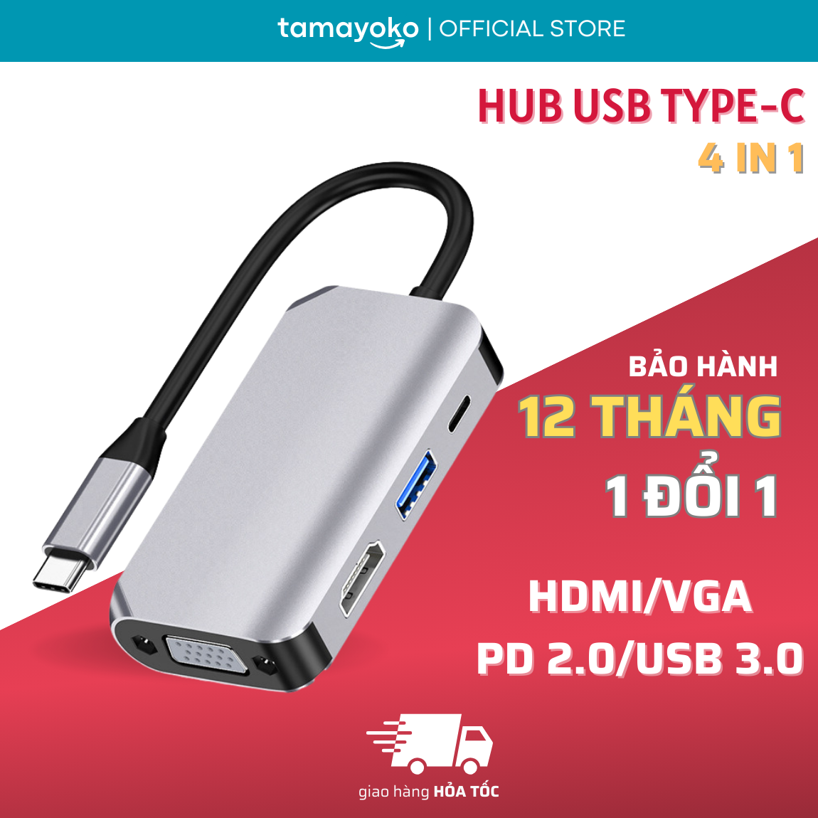 Hub Chuyển Đổi Type-C Chia 4 Cổng (4 in 1) HDMI/VGA/PD 2.0/USB 3.0 - Hàng Chính Hãng Tamayoko