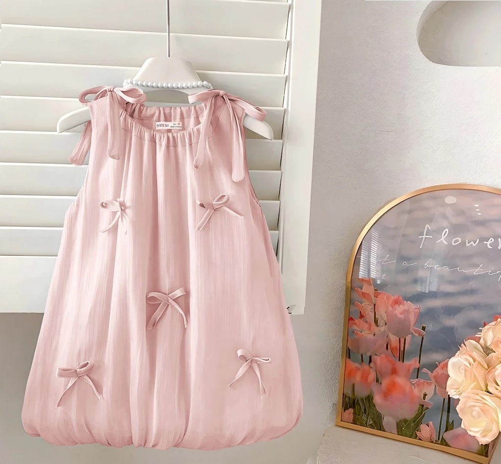 Đầm Bí Bé Gái, Váy Tiểu thư Bé Gái Voan Óng Sát Nách Rút Nơ Đi Tiệc, Đi Chơi Từ 12-45kg Dành Cho Bé Gái