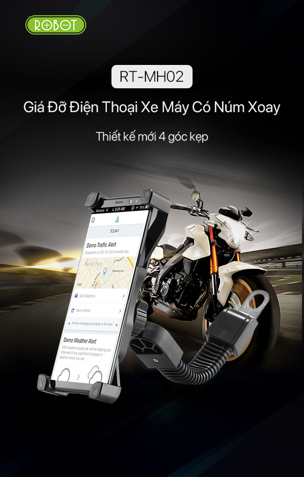 ] - Giá kẹp đỡ điện thoại có xe máy - xe tay ga Robot - Cho iOS , Android  - Đen - RT-MH02 - Hàng Chính Hãng