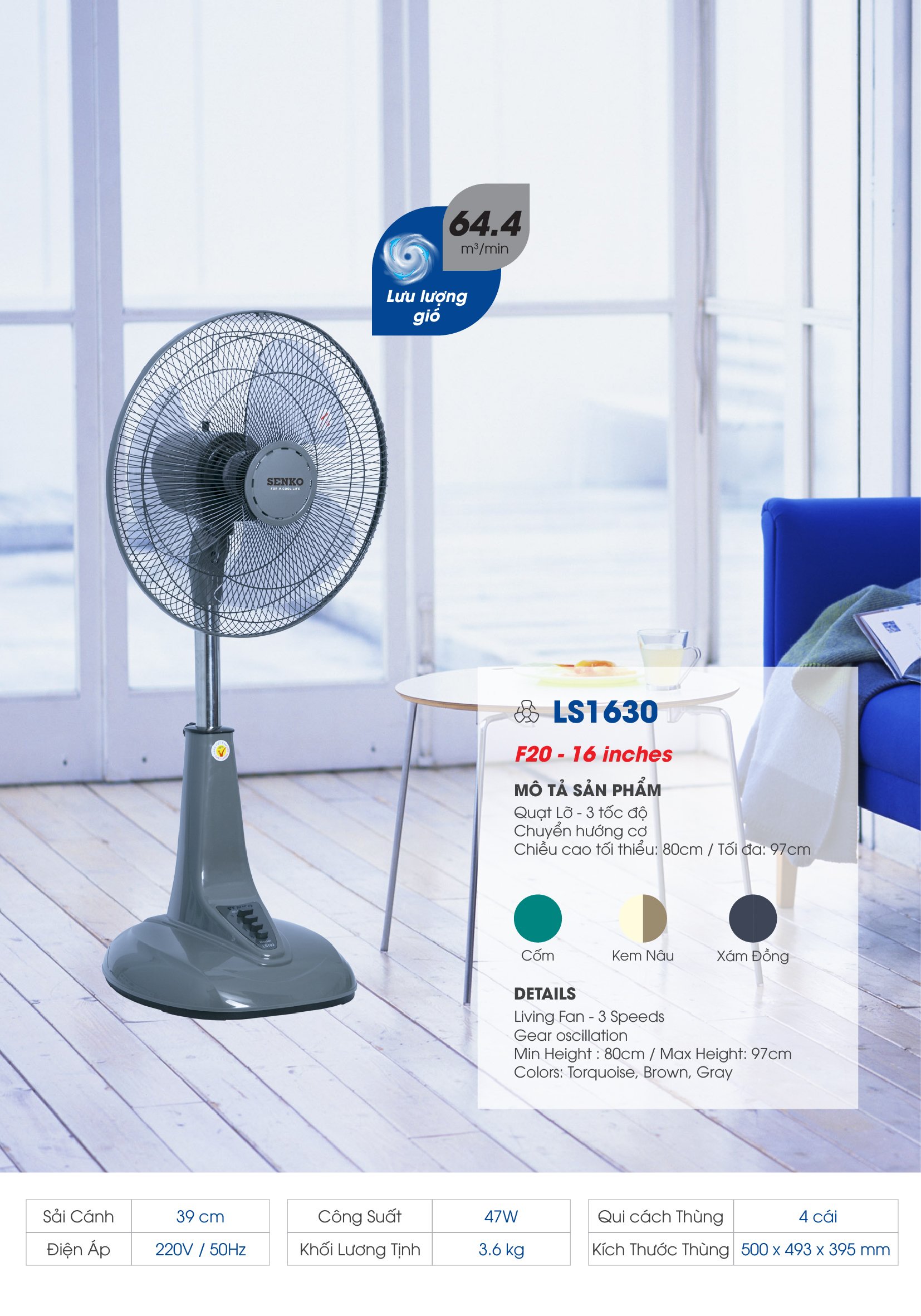 Quạt lỡ ống inox SENKO LS1630 - Hàng chính hãng - Màu ngẫu nhiên