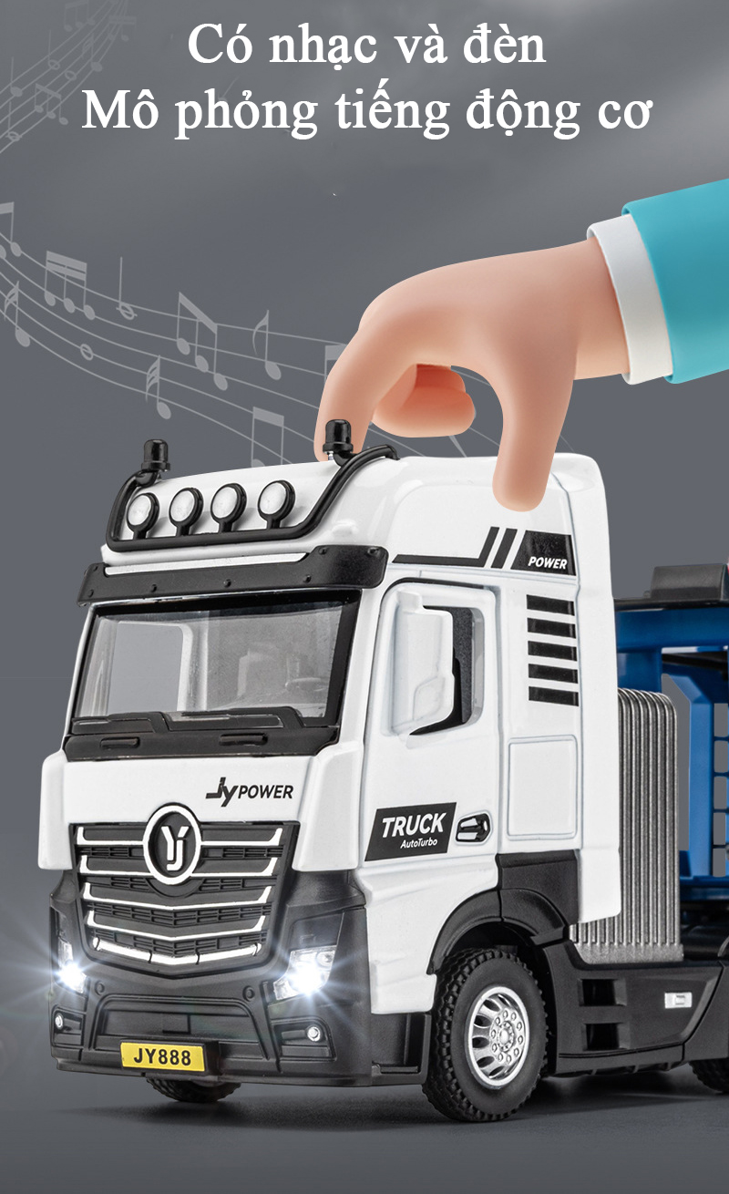 Đồ chơi xe đầu kéo vận chuyển 4 xe ô tô bằng hợp kim nguyên khối có nhạc và đèn chạy cót