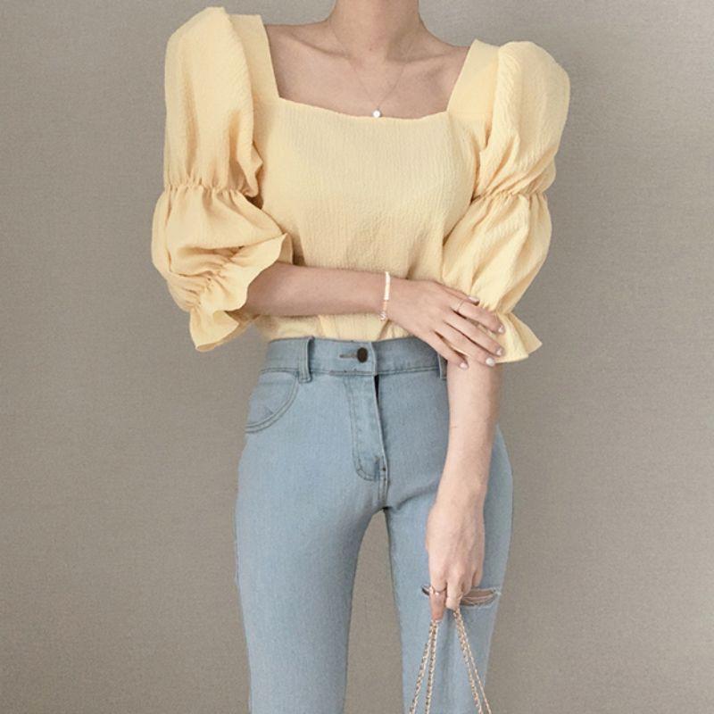 Áo Kiểu Chiffon Tay Phồng Cổ Vuông Phong Cách Retro Nữ Tính Ngọt Ngào