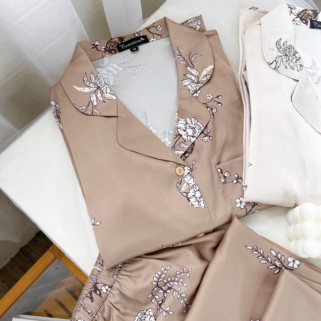 Bộ mặc nhà pyjama lụa cao cấp Tea Store tay dài quần dài họa tiết chim sẻ hai màu sang trọng