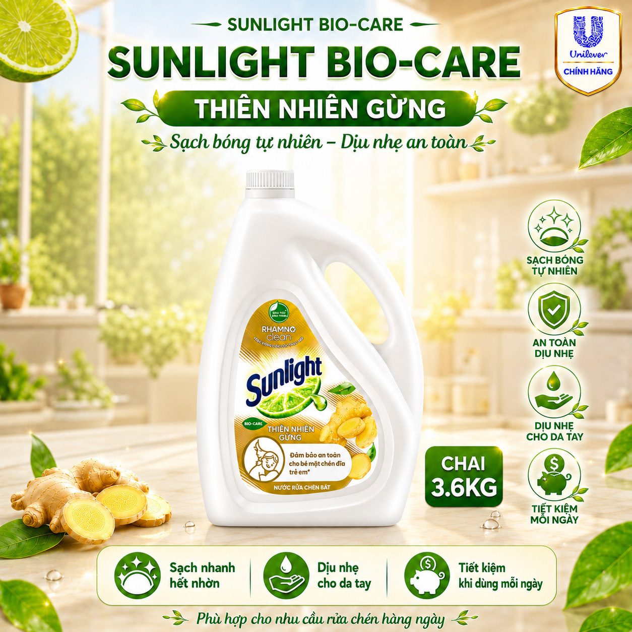 Nước Rửa Chén Sunlight Bio-Care Thiên Nhiên Gừng Dạng Can, Sạch Dầu Mỡ Dịu Nhẹ Cho Da Tay 3.6kg
