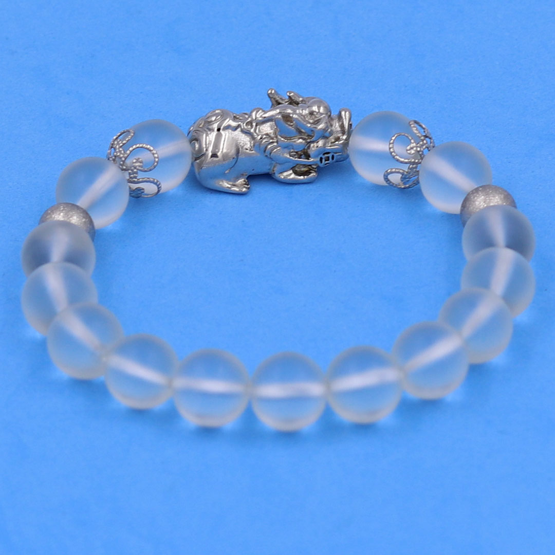 Vòng chuỗi đeo tay đá thạch anh trắng mờ 10 ly charm tỳ hưu inox, bi inox, khía bông inox, vòng tay phong thuỷ, vòng tay tỳ hưu