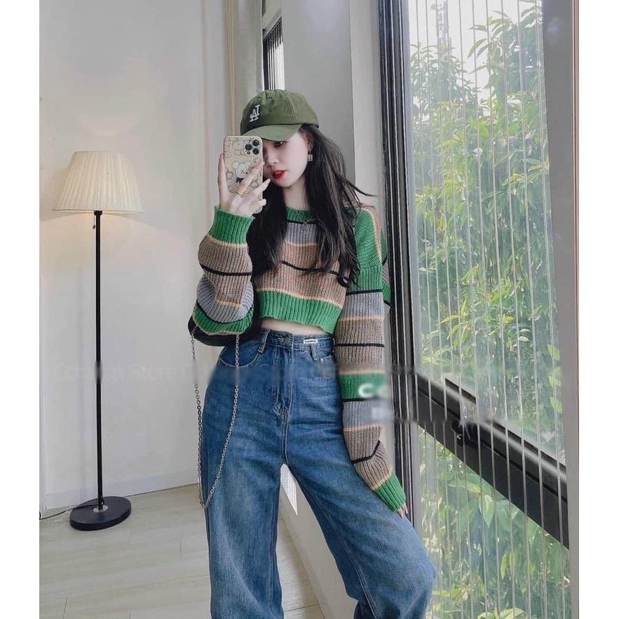 [L2M] Áo len nữ Montoghi dệt kim cổ tròn TAY DÀI dáng CROPTOP kẻ sọc xanh loại 1 phong cách Hàn Quốc cá tính