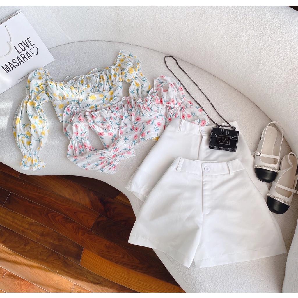 SET ĐI CHƠI, SET 2 MÓN ÁO CROPTOP CỔ VUÔNG TAY DÀI PHỒNG HOA PHỐI QUẦN ĐÙI CỰC XINH LUN Ạ