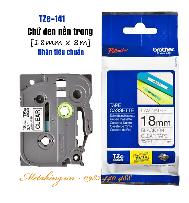 Nhãn tiêu chuẩn Brother TZe-141, (18mm x 8m - Chữ đen trên nền trong, chống thấm nước) - Hàng chính hãng