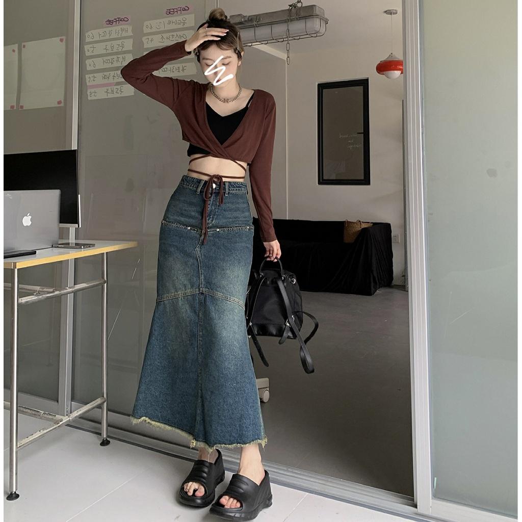 Chân váy bò dáng dài EMIX, denim, đuôi cá, dáng ôm, phối bèo dài, ulzzang Hàn Quốc 6857