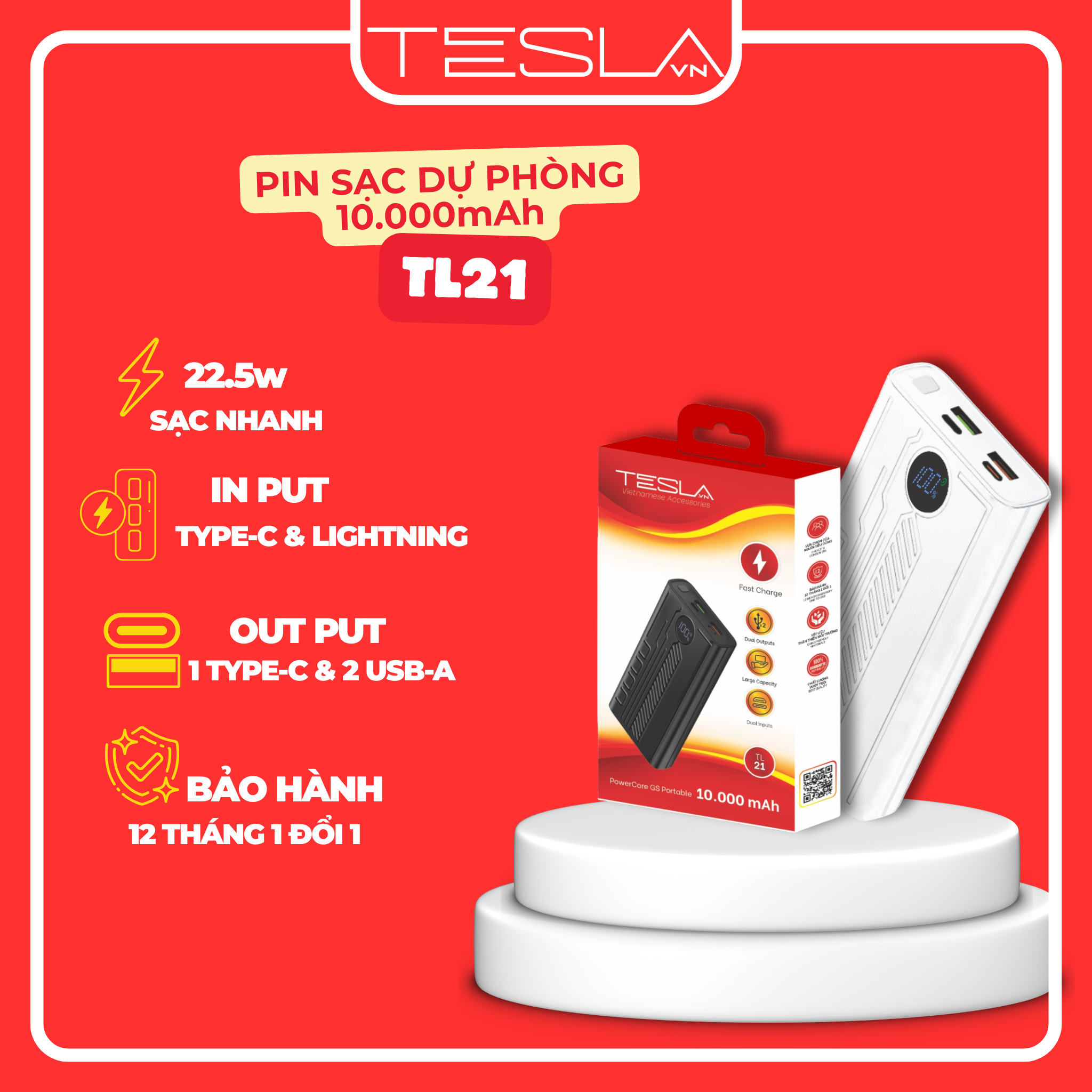 Pin sạc dự phòng hàng chính hãng TESLA TL21 màn hình Led 10.000mAh | Bảo hành 12 tháng 1 đổi 1 | Made in Việt Nam