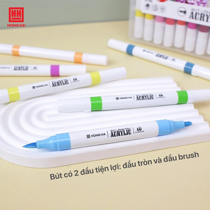 Bút lông màu Acrylic 2 đầu Hồng Hà tô trên mọi chất liệu (12/24/36 màu) - 8145 / 8146 / 8147