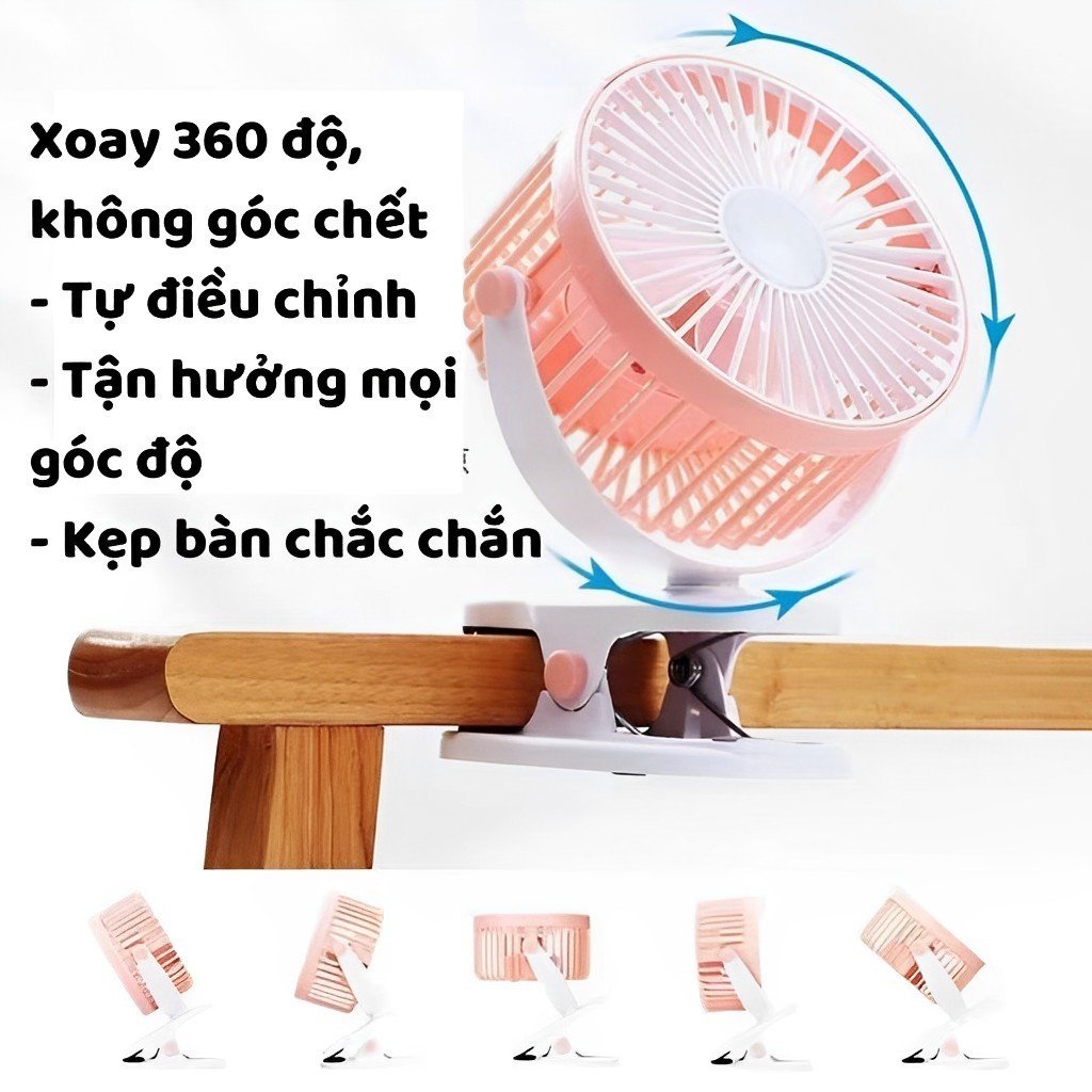 Quạt Kẹp Bàn Pin Sạc Có Đèn Led 3 Chế Độ Siêu Mát Xoay 720 Độ