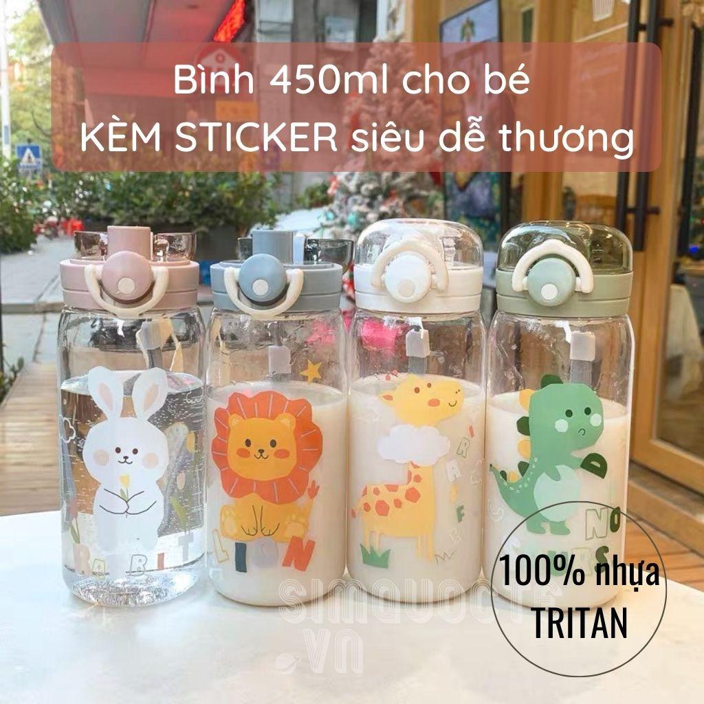 Bình nước nhựa Tritan in hình con thú dễ thương 450ml