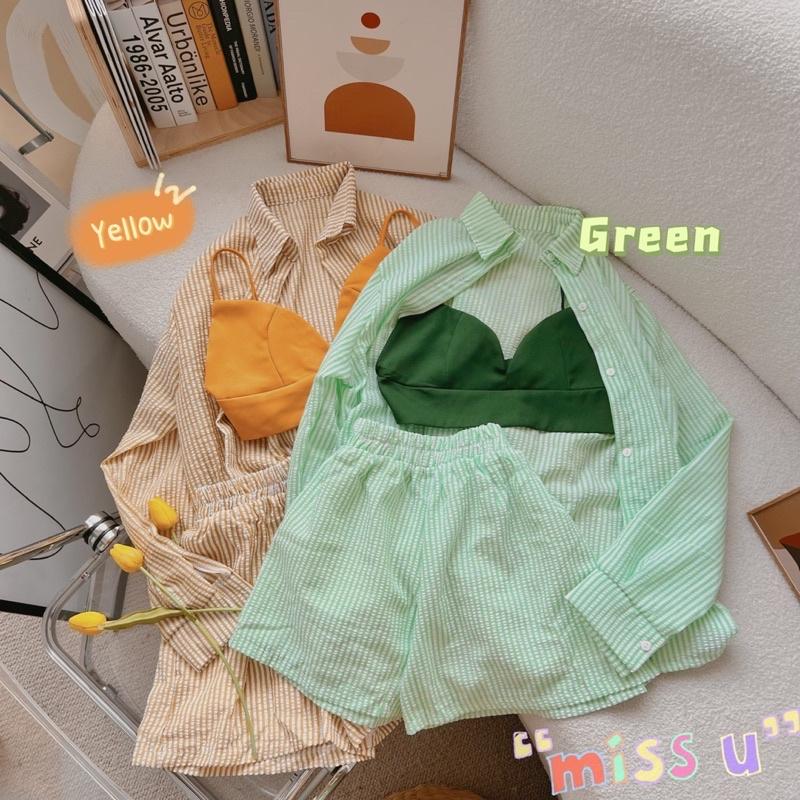 Set 3 món sơmi ngoài crop 2s cúp ngực quần short