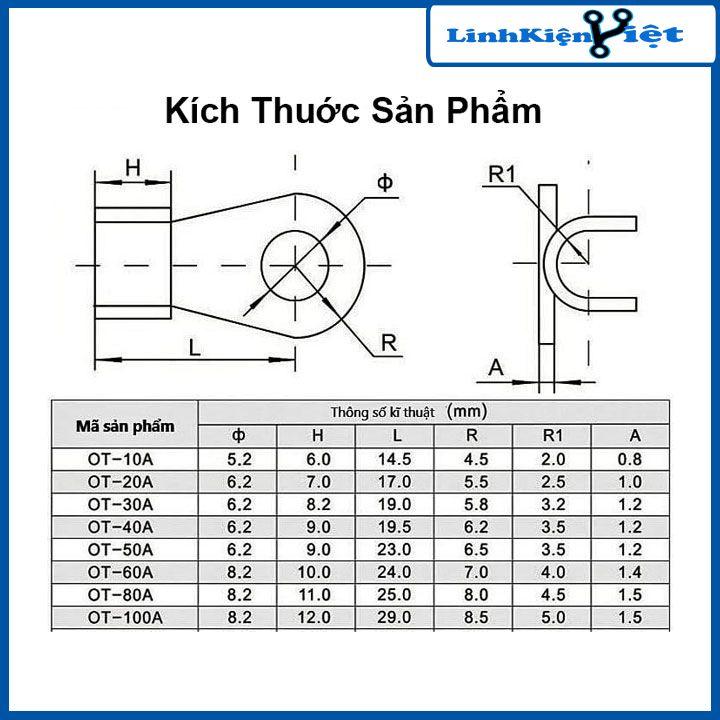 Cos dây điện đồng đỏ OT 5A-10A-20A-25A-30A-50A-100A, cốt bấm nối dây điện bình ắc quy (1 chiếc)