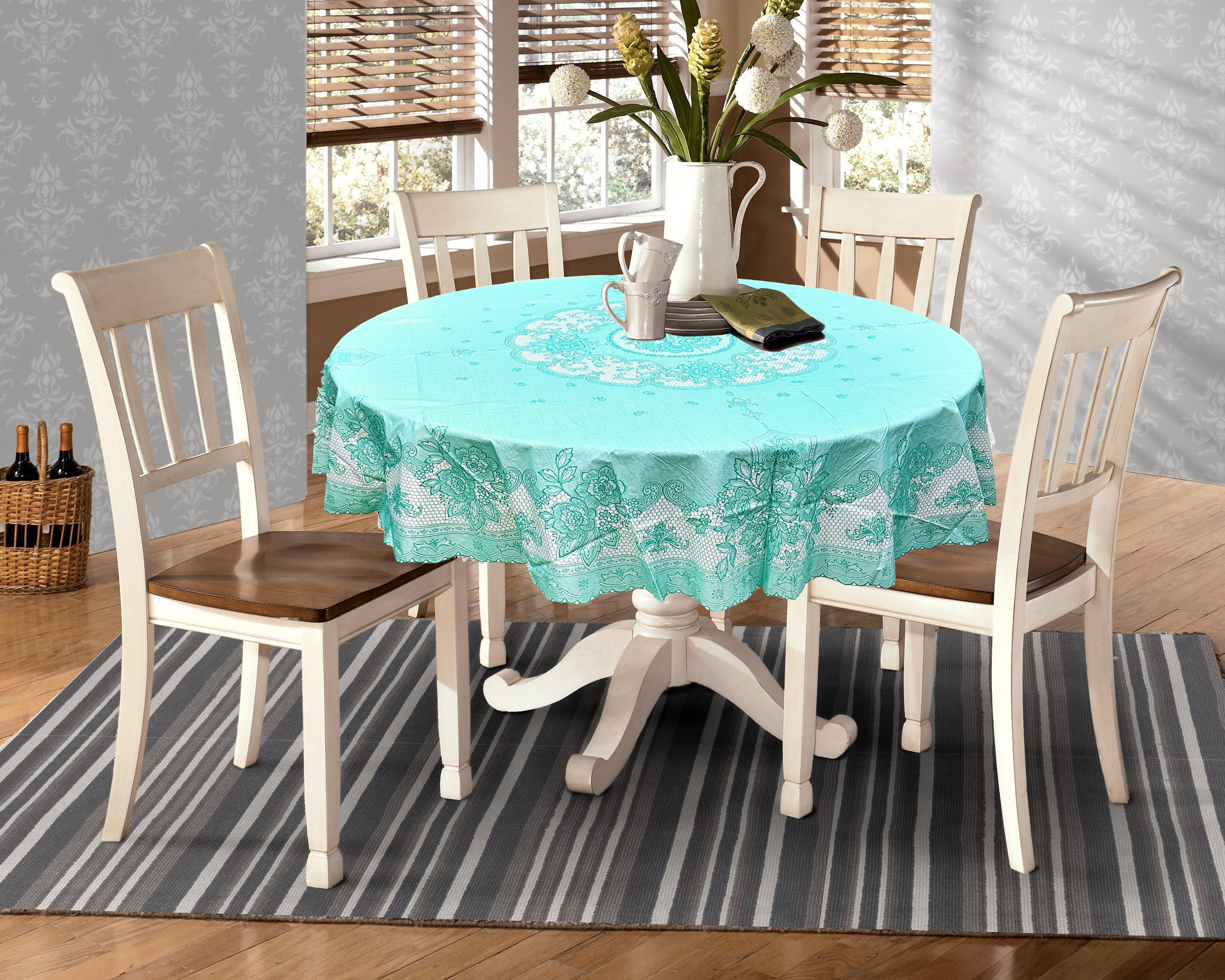 [Tặng 1 lót phần ăn] Khăn trải bàn tròn - đường kính 178cm PAULEE FY116 , hoa văn, màu xanh ngọc, nhựa PVC dẻo, không thấm nước