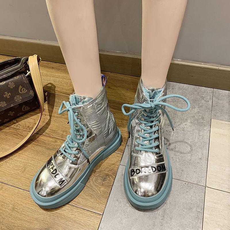 Ins online Giày bốt martin da đế bằng phối màu thời trang cá tính cho nữ